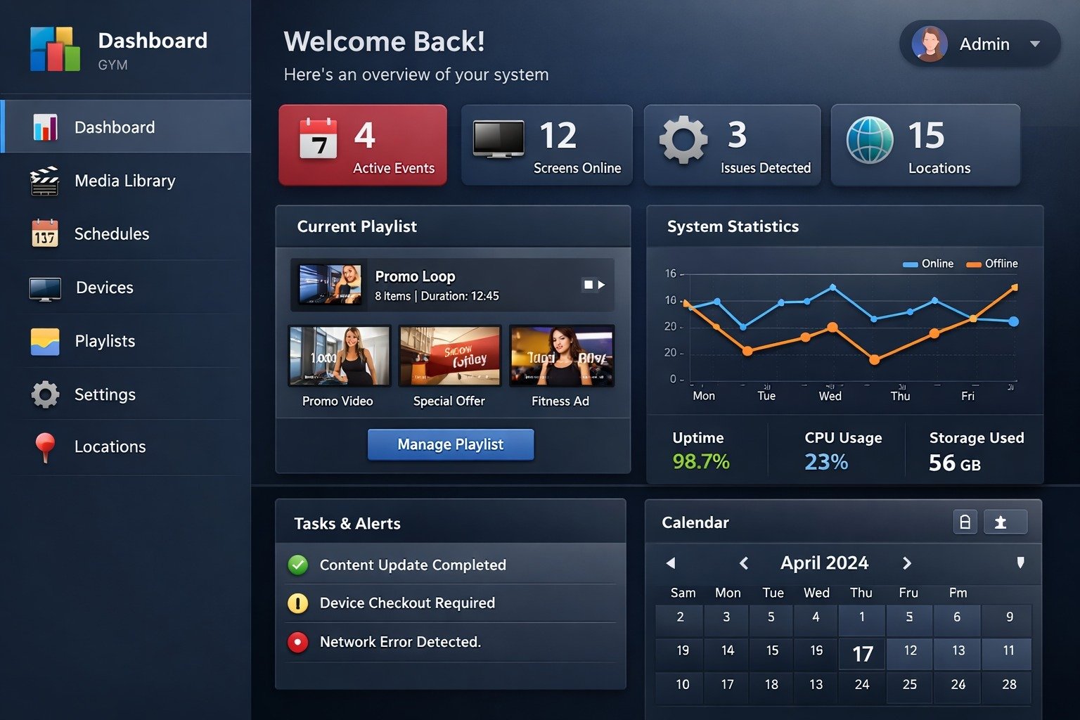Gym digital signage platform showing class scheduling, workout display layouts and screen deployment.